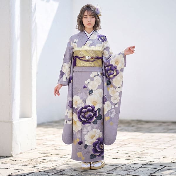 【期間限定価格】薄紫ぼかしの四季花♡振袖フルセット　成人式前撮り 振袖レンタル／薄紫地に四季花更紗の振袖／標準サイズ | 宅配着物
