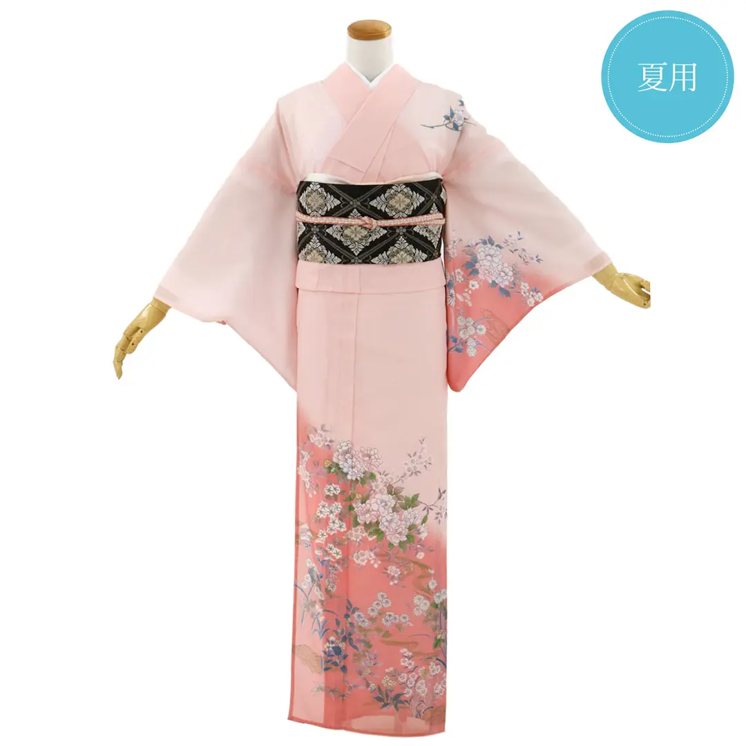ピンク地に花尽しの訪問着(絽)（ポリエステル） | 宅配着物レンタルの