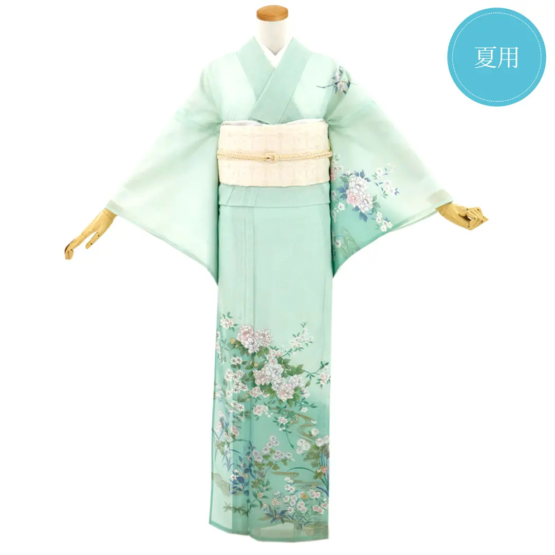 緑地に花尽しの訪問着(絽)（ポリエステル） | 宅配着物レンタルの京都