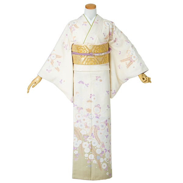 鶸色に藤の訪問着(袷)（ポリエステル） | 宅配着物レンタルの京都かし