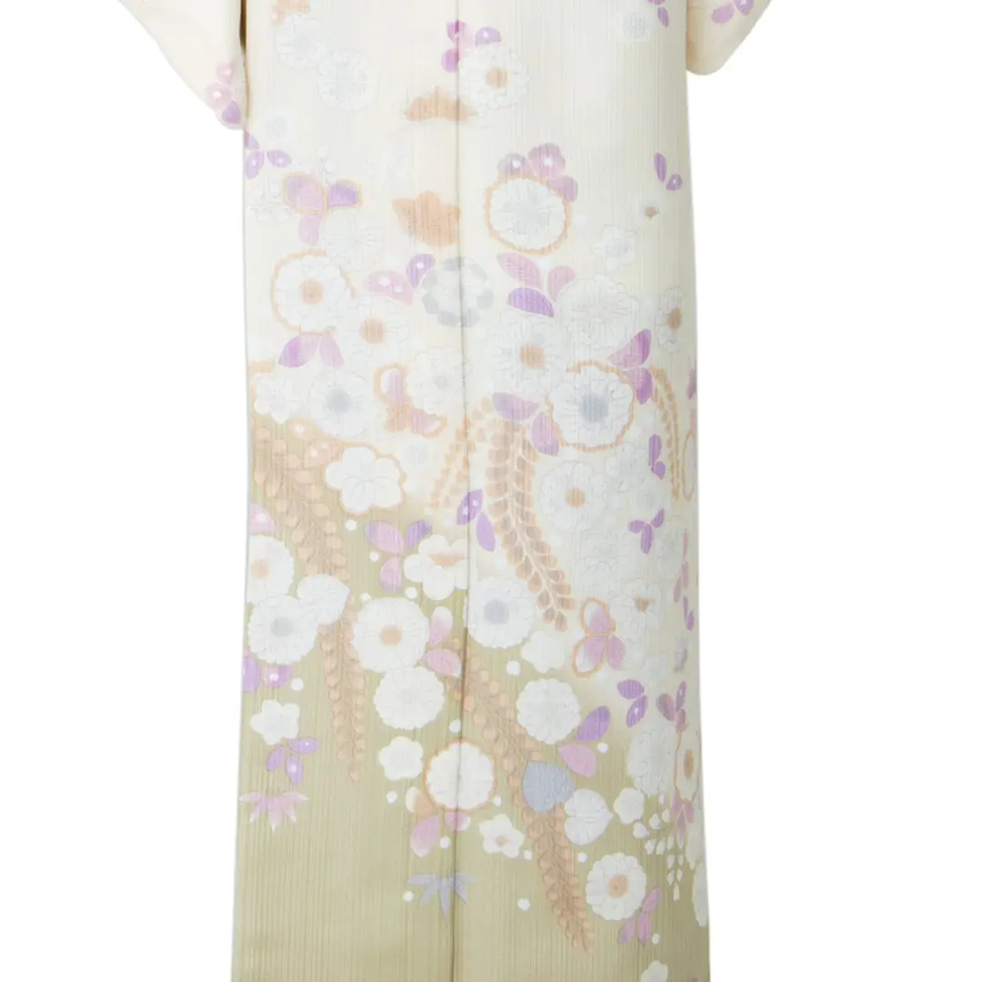 【人気】鶸色に藤の訪問着(袷)（ポリエステル）／裾