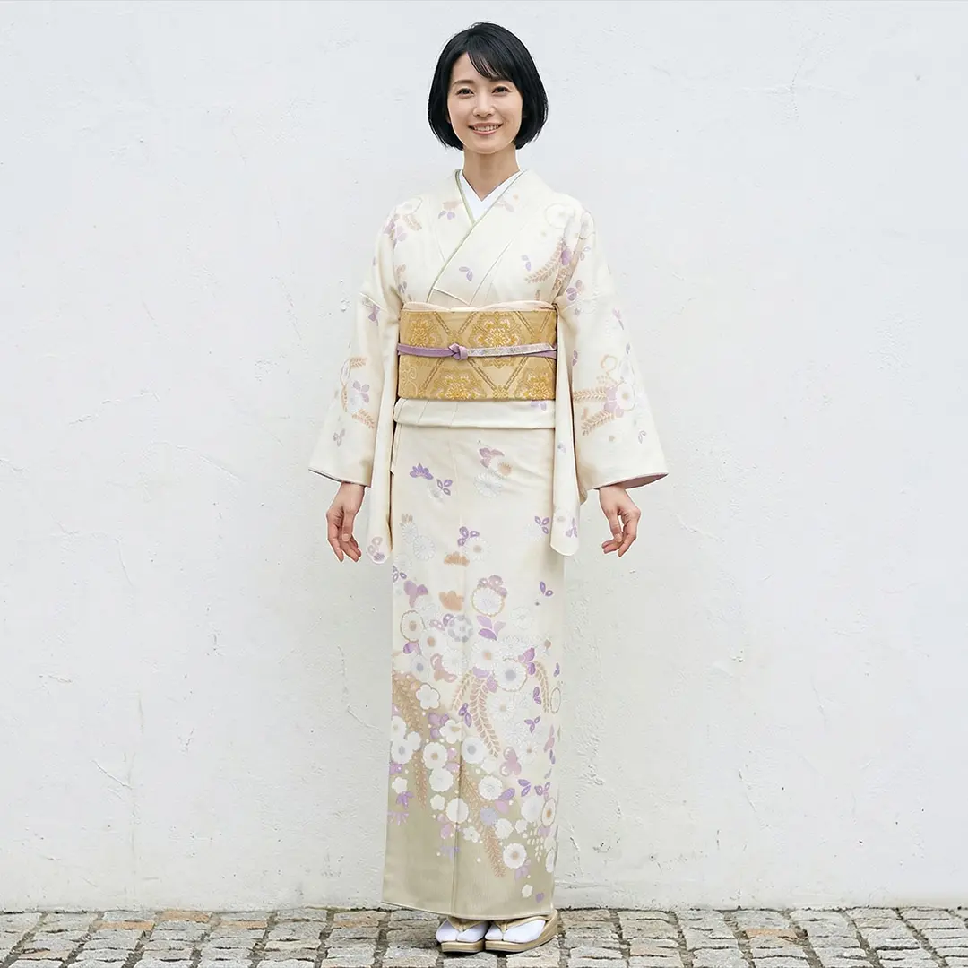 ぢゃいこ　訪問着袷 鶸色に藤の訪問着(袷)（ポリエステル） | 宅配着物レンタルの京都かし