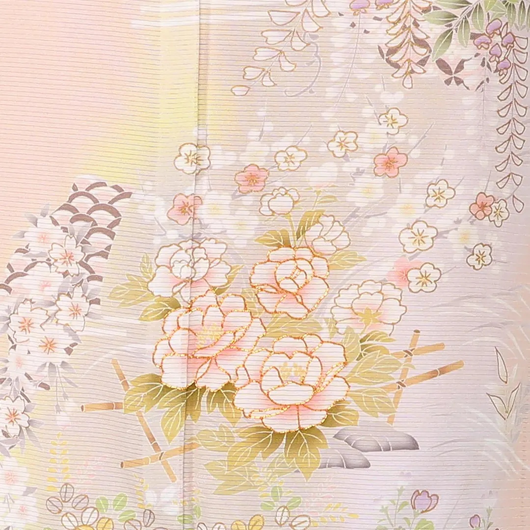 【夏におすすめ】淡桃地に秋花尽くしの訪問着(絽)／柄詳細