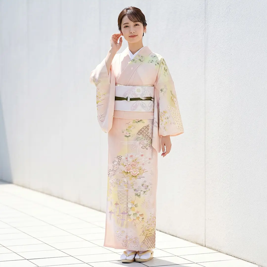 【夏におすすめ】淡桃地に秋花尽くしの訪問着(絽)／着用イメージ