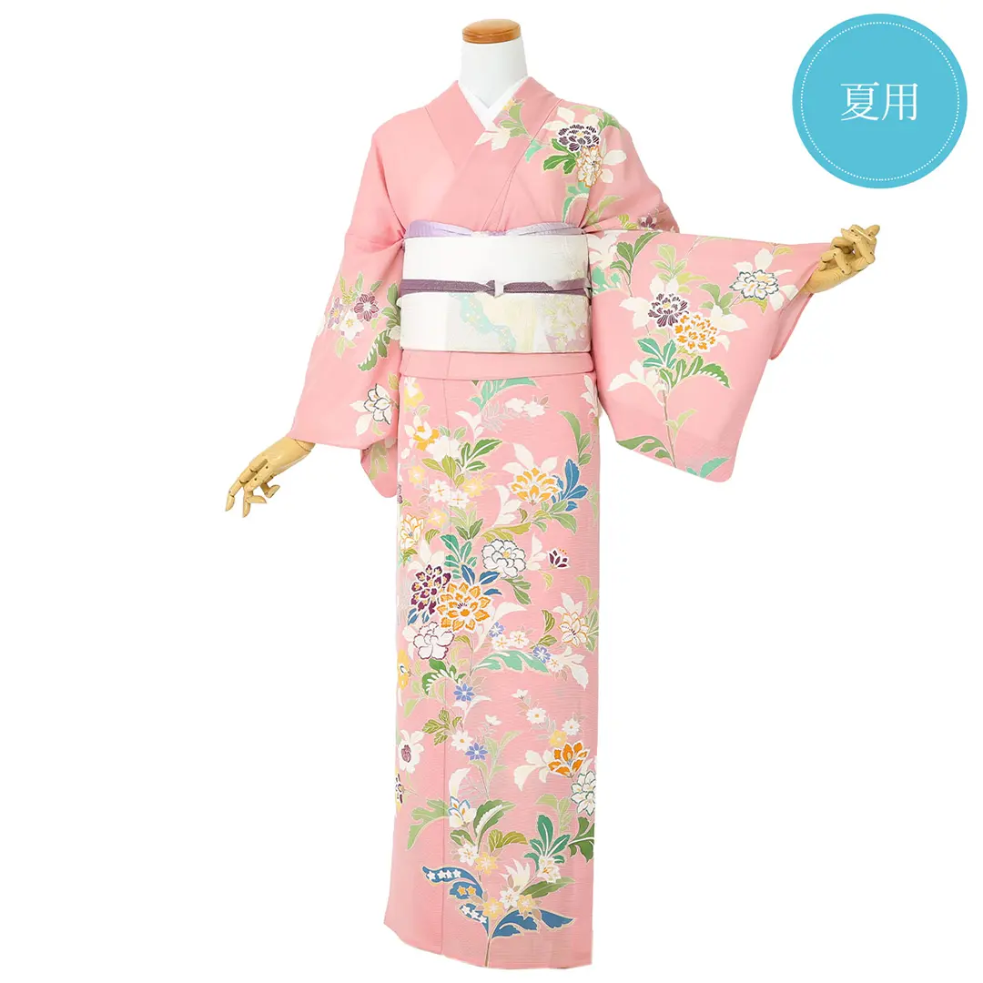 ピンク地に草花の訪問着(絽) | 宅配着物レンタルの京都かしきもの