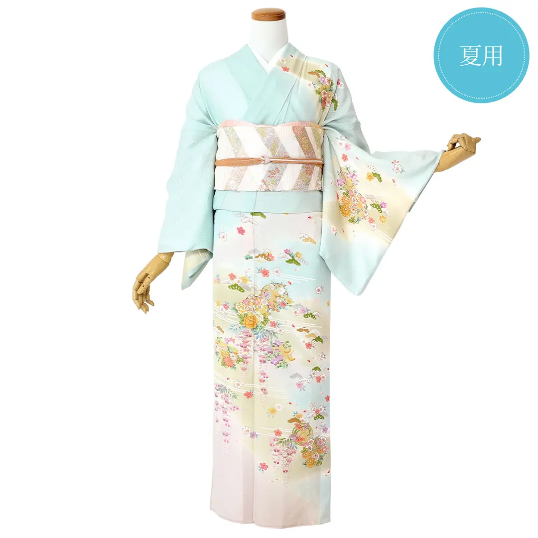 【夏におすすめ】淡水色地に花丸の訪問着(絽)／正面