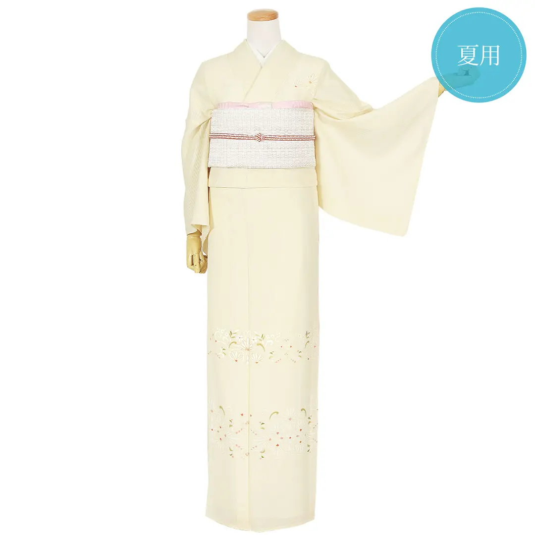 【夏におすすめ】淡い黄色に洋花唐草の付下訪問着(絽)／正面