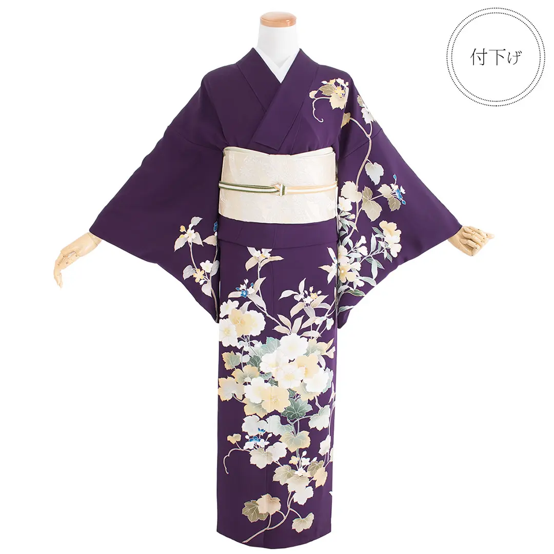 訪問着　藤の花　格子地紋　パープル　着物　025k 訪問着レンタル| 濃紫色地に草木文様の付下訪問着(袷) | 宅配着物
