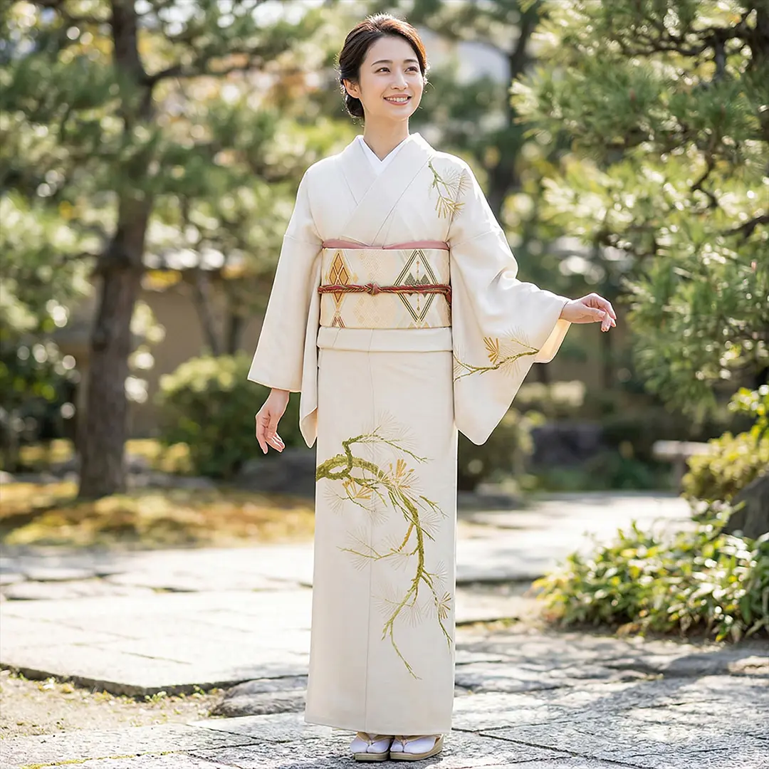 アイボリー地に松枝柄の付下訪問着(袷) | 宅配着物レンタルの京都かし