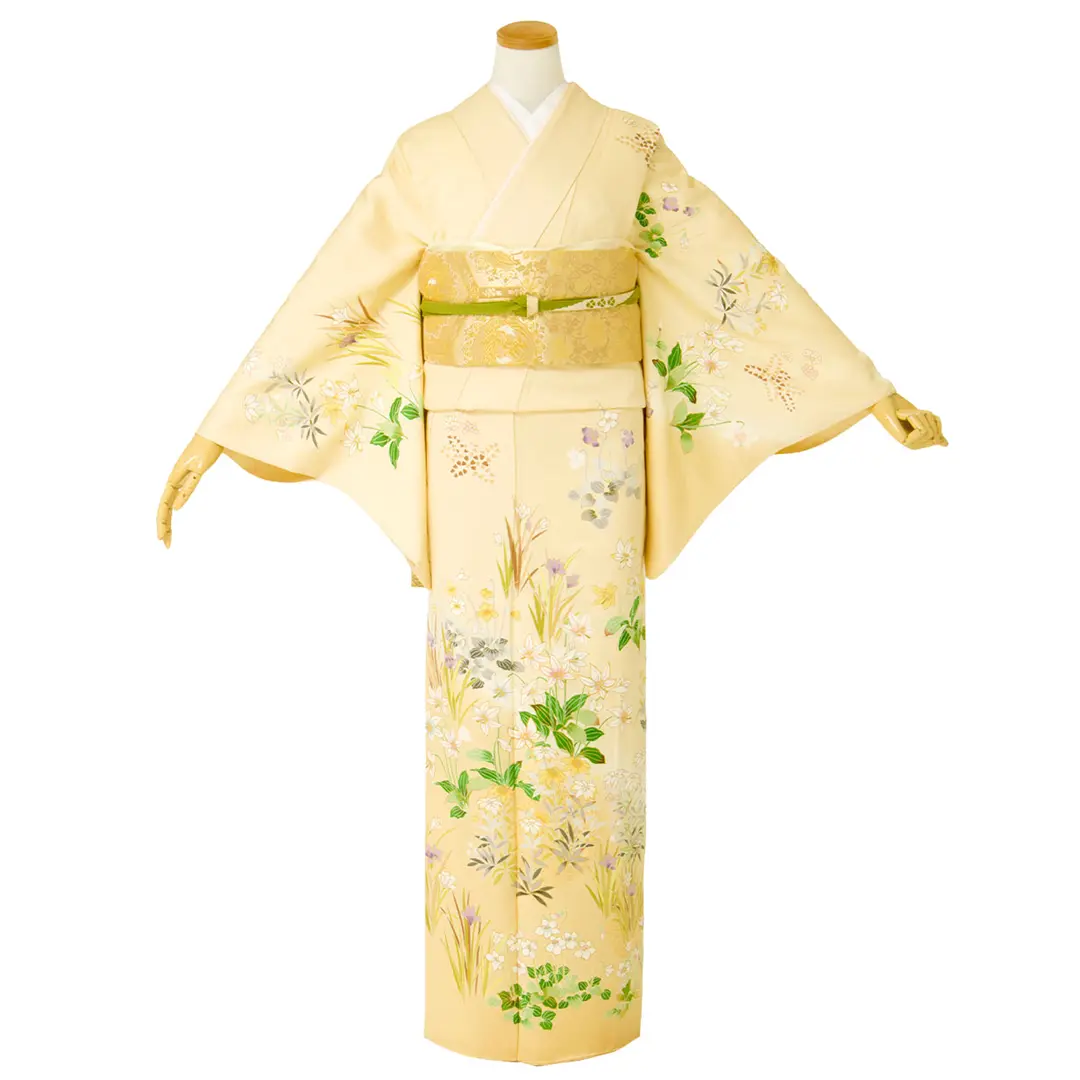 淡黄(たんこう)色に山野草の訪問着(袷)／正面