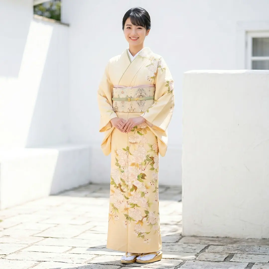 訪問着　枝垂れ桜　たたき染め　着物と帯のセット 淡い黄色地に枝垂れ桜の訪問着(袷) | 宅配着物レンタルの京都かしきもの