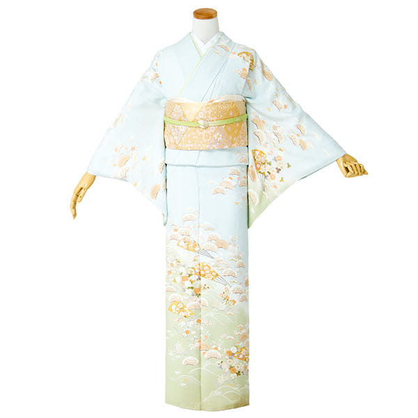 藍白(あいじろ)色に波と扇の訪問着(袷) | 宅配着物レンタルの京都かし