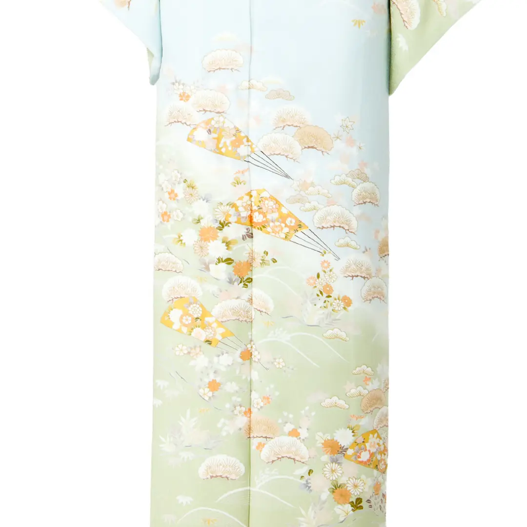 藍白(あいじろ)色に波と扇の訪問着(袷)／裾