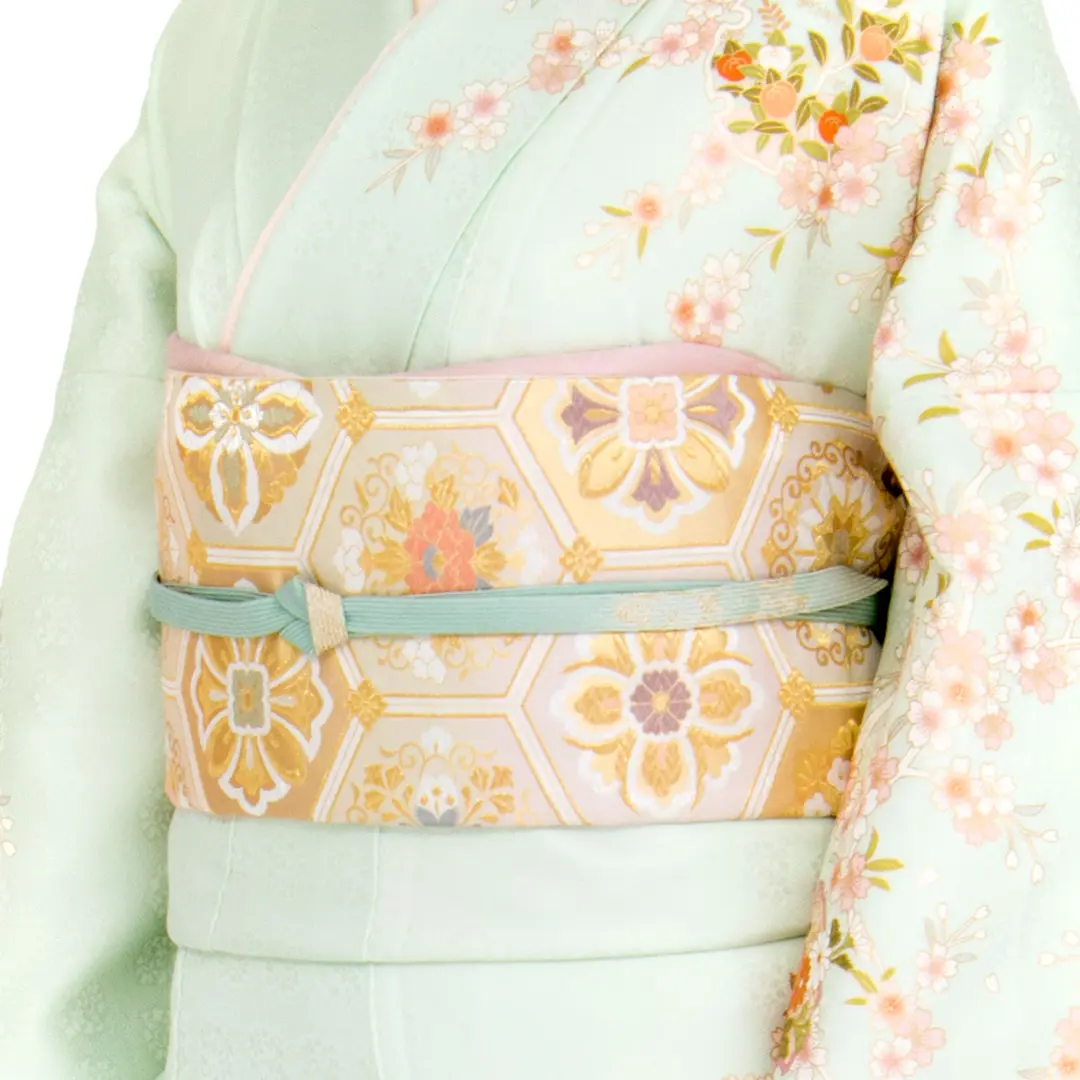 薄萌葱色に枝垂れ桜と雪輪の訪問着(袷)／斜め詳細