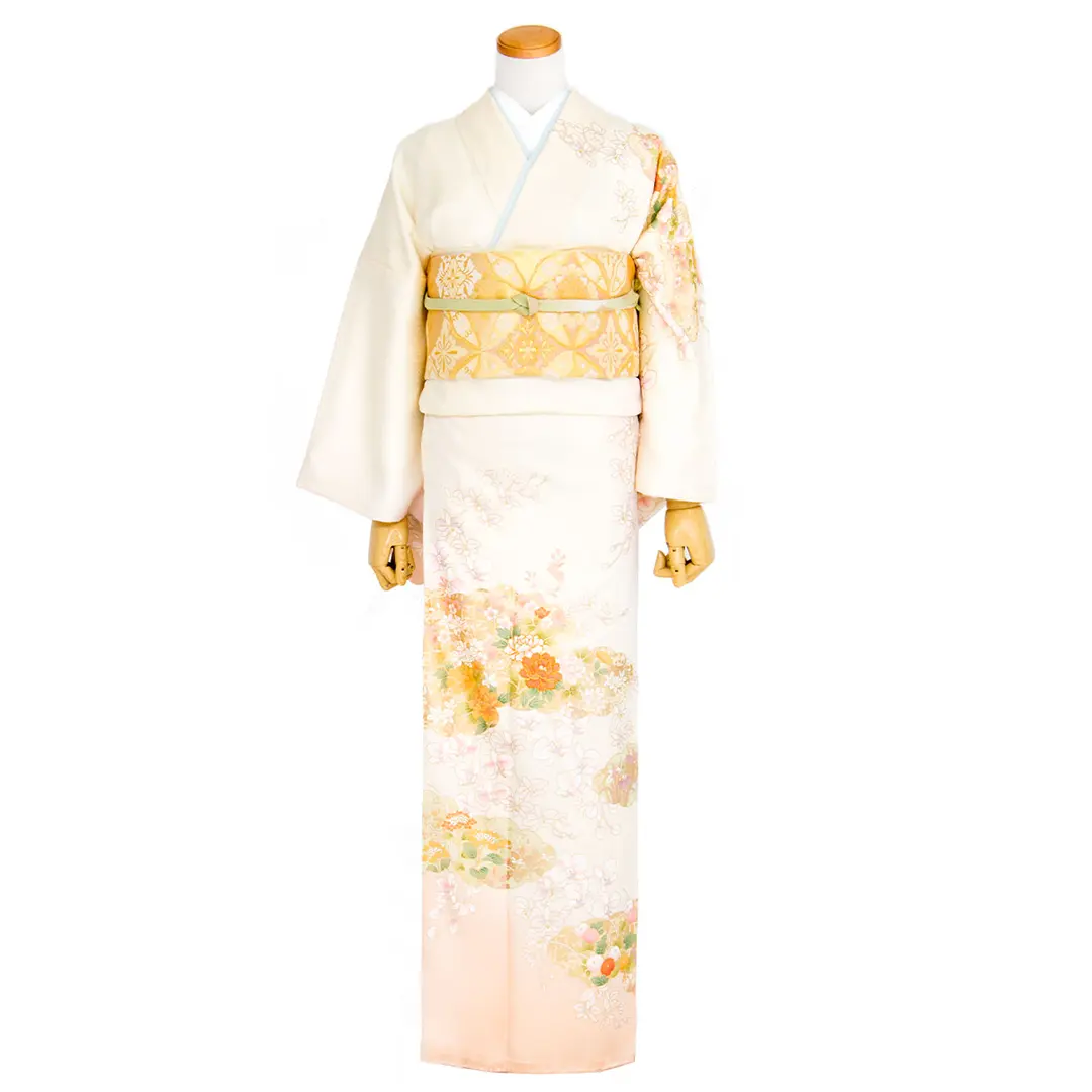 美品　正絹袷　胡蝶蘭訪問着単品 クリーム色に胡蝶蘭の訪問着(袷) | 宅配着物レンタルの京都かしきもの
