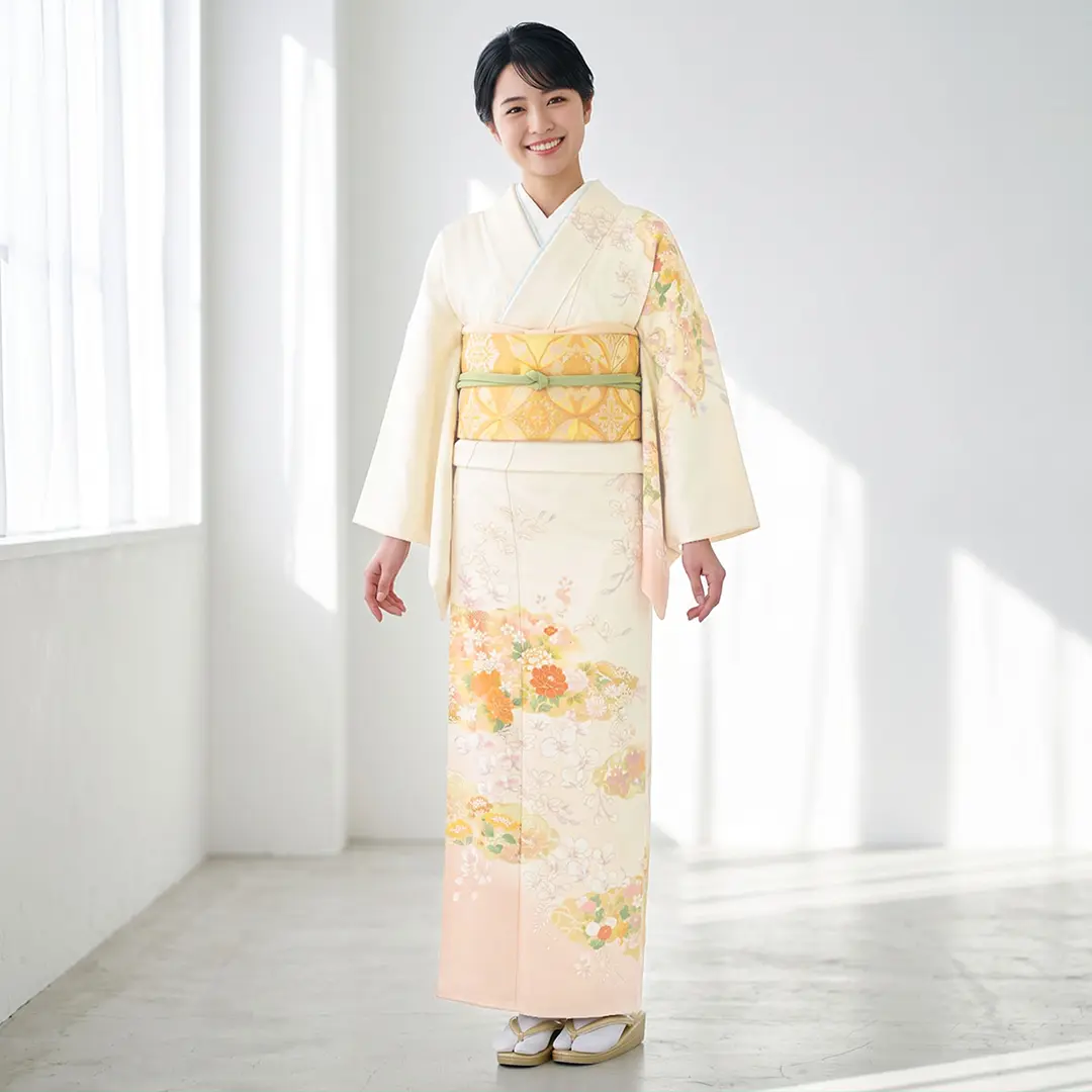 クリーム色に胡蝶蘭の訪問着(袷)／着用イメージ