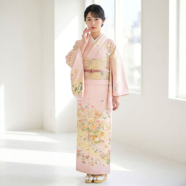 淡いピンク地に四季花の訪問着(袷) | 宅配着物レンタルの京都かしきもの
