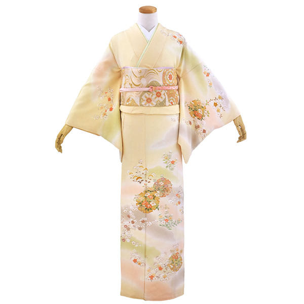 クリームイエローに雪輪と桜の訪問着(袷) | 宅配着物レンタルの京都か