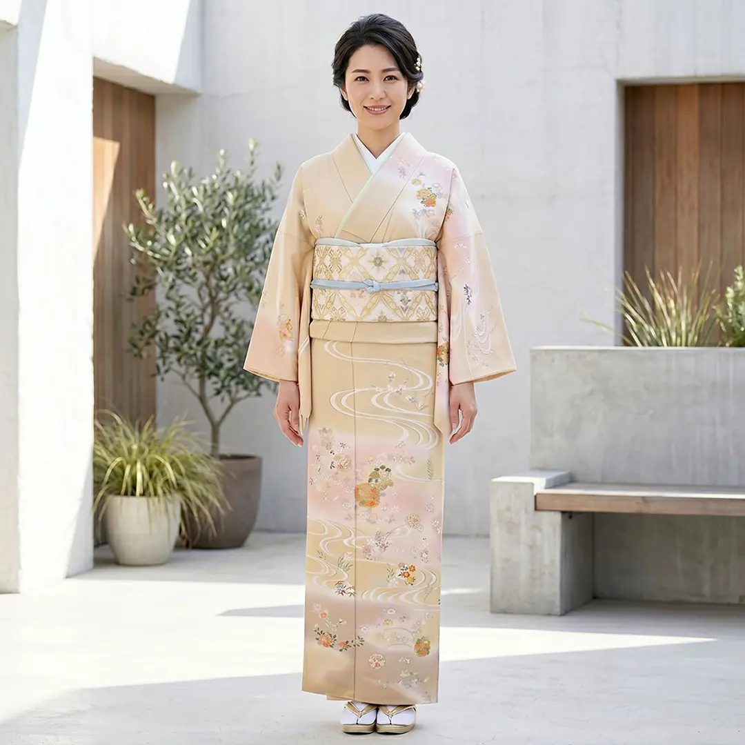 砥粉色（とのこいろ）に四季花と雪輪の訪問着(袷)／着用イメージ