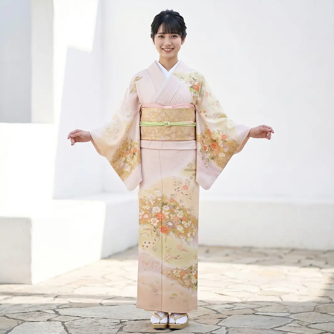 薄桜色に花垣文の訪問着(袷)／着用イメージ