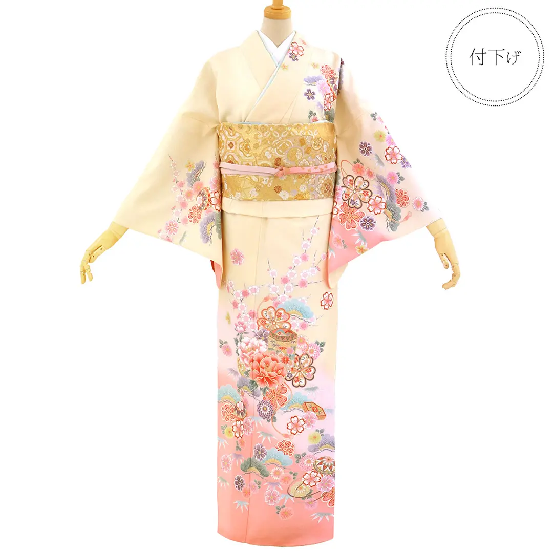 クリーム地に牡丹と貝桶の付下訪問着(袷)（ポリエステル）／正面