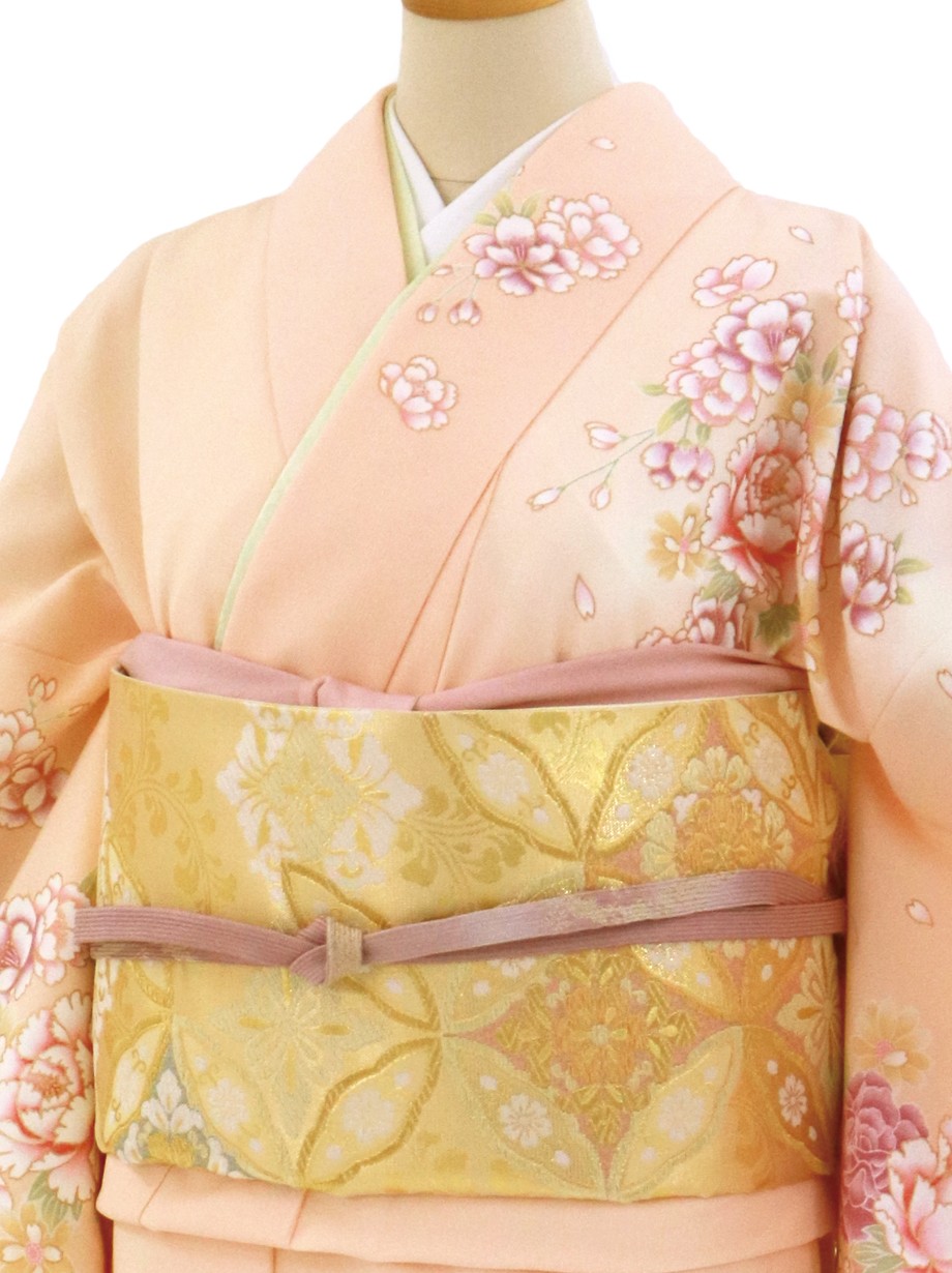 シェルピンクに牡丹尽くしの付下(袷)（ポリエステル）