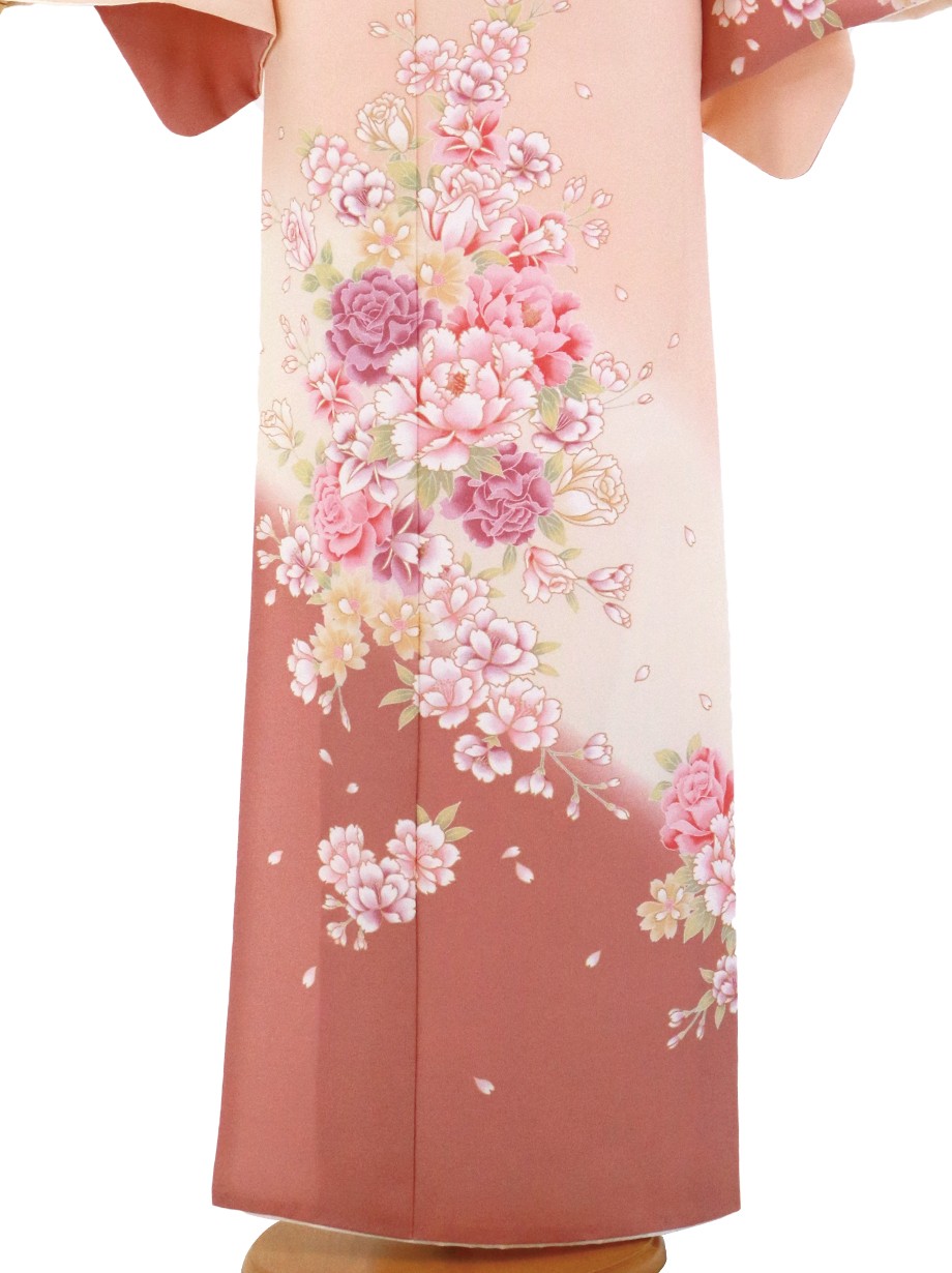 シェルピンクに牡丹尽くしの付下(袷)（ポリエステル）