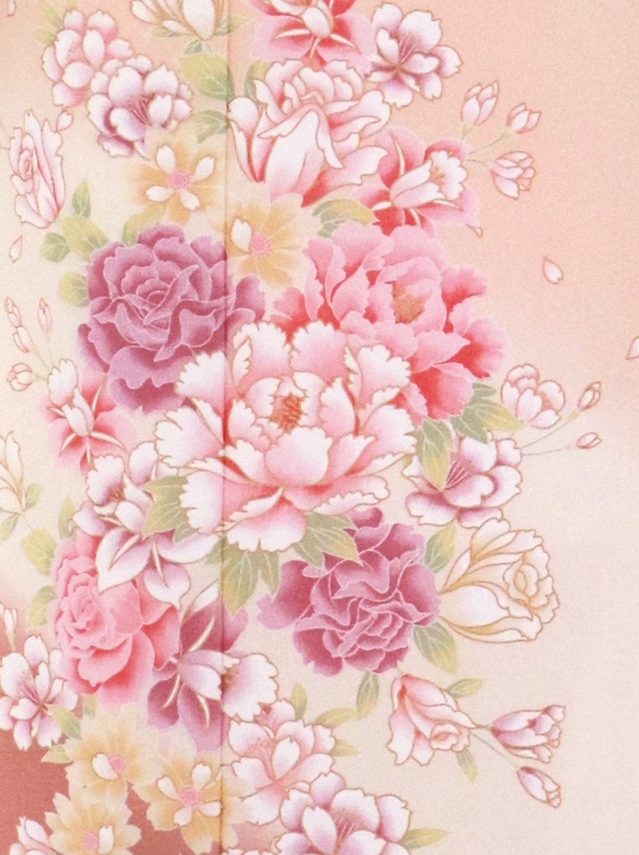 シェルピンクに牡丹尽くしの付下(袷)（ポリエステル)