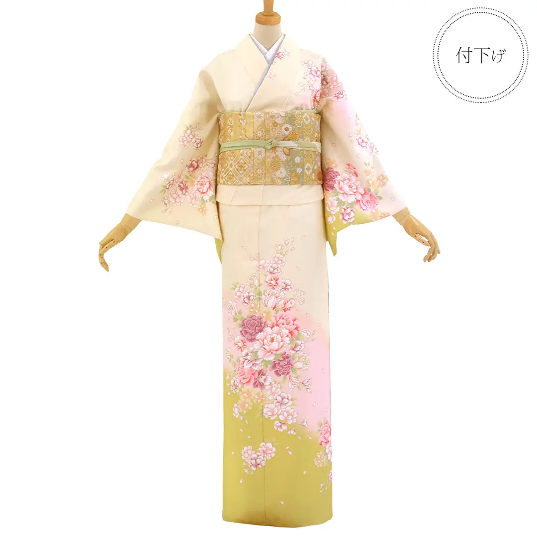 鳥の子色に牡丹尽くしの付下訪問着(袷)（ポリエステル）／正面