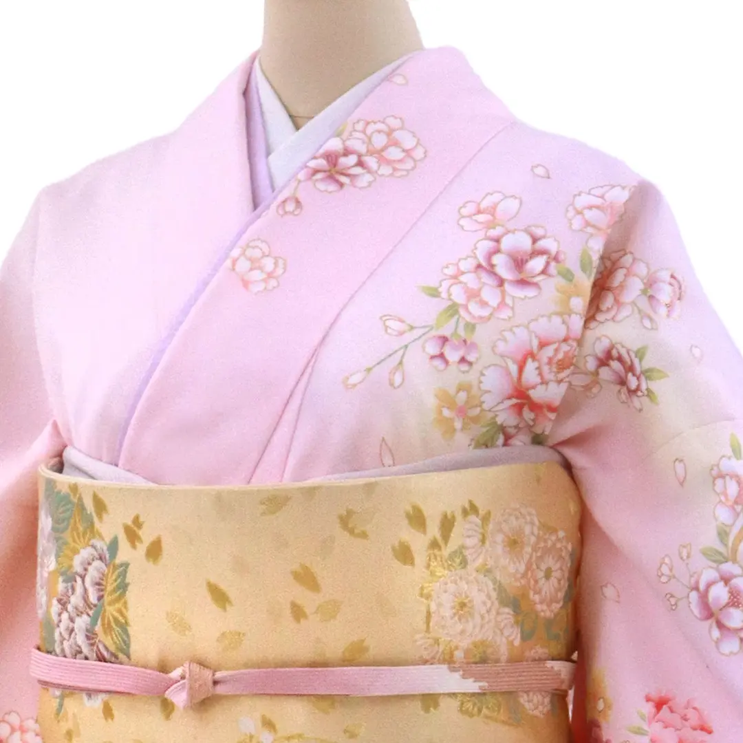超値下げ！　AA9060　訪問着　170㎝　薄ピンク系牡丹 薄ピンク色に牡丹尽くしの付下訪問着(袷)（ポリエステル） | 宅配着物