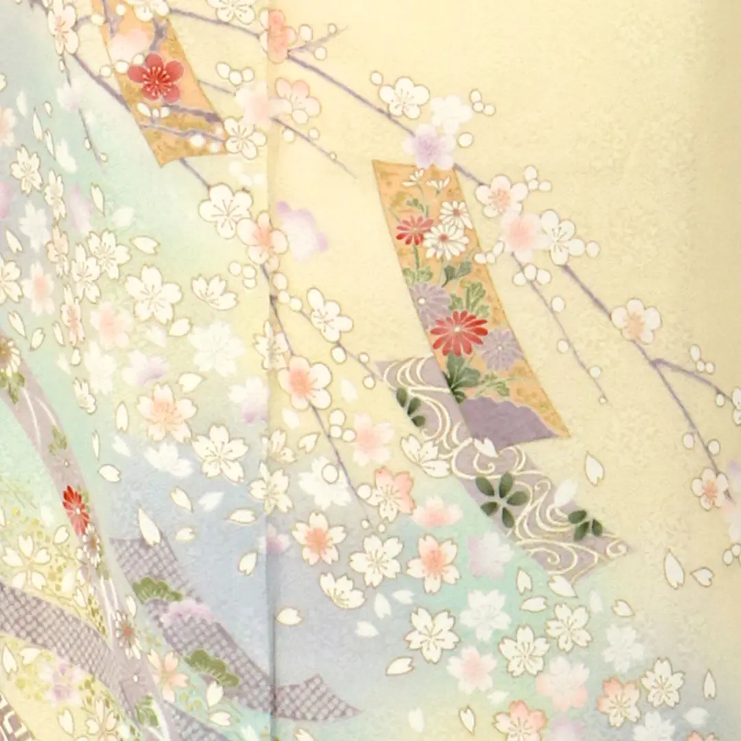鳥の子色にしだれ桜と短冊の訪問着(袷)／柄詳細