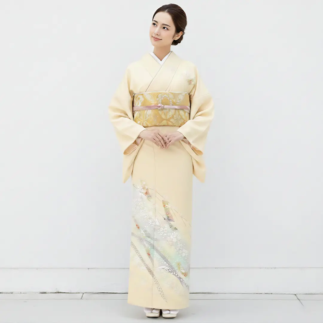 鳥の子色にしだれ桜と短冊の訪問着(袷) | 宅配着物レンタルの京都かし