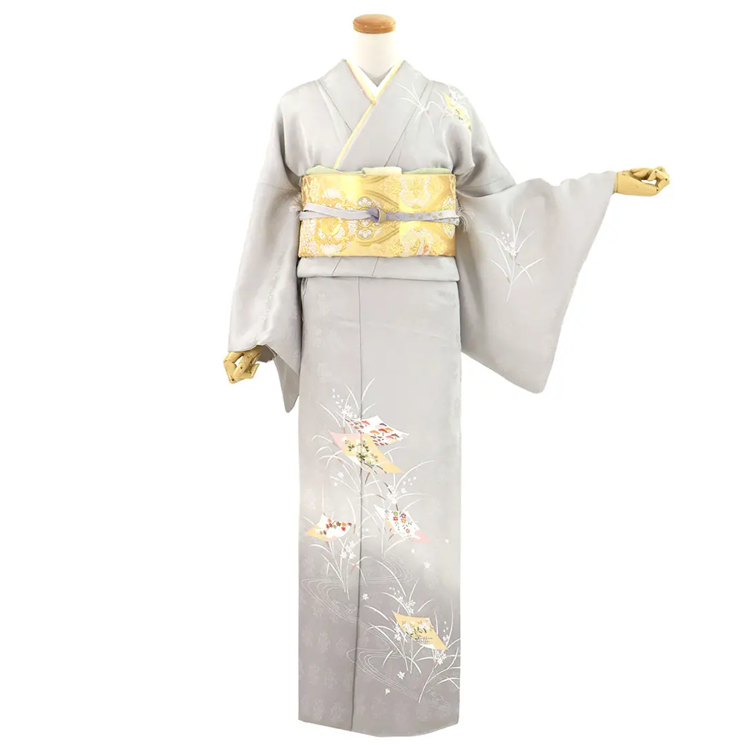 グレー地に色紙文と水仙の訪問着(袷) | 宅配着物レンタルの京都かしきもの
