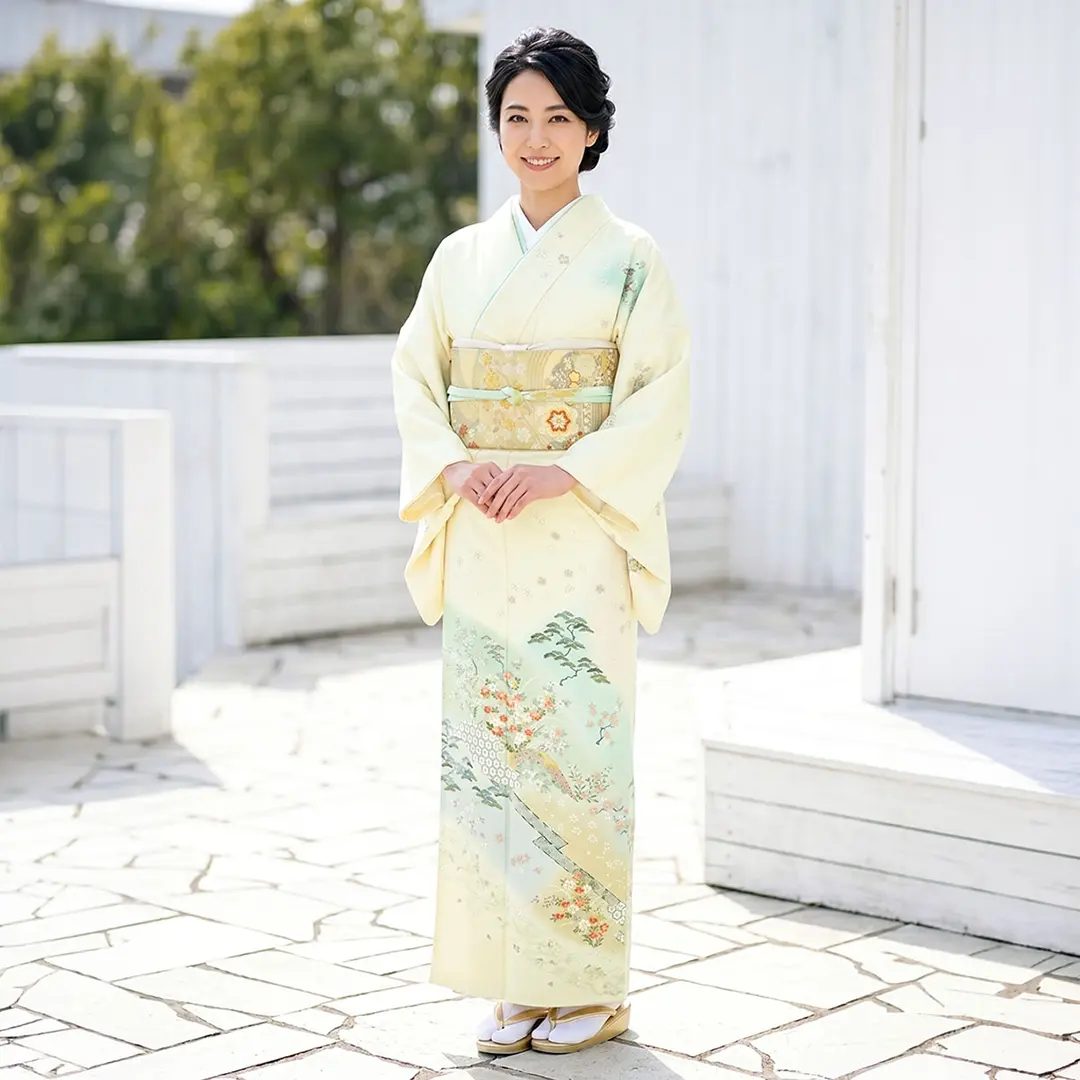 【結婚式のお呼ばれに】銀木犀色に四季花草の訪問着(袷)／着用イメージ