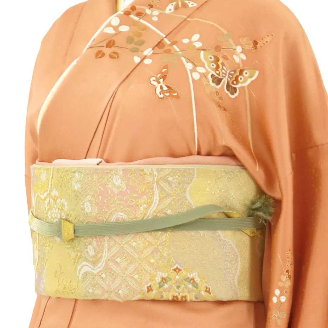 杏色に蝶と萩文の訪問着(袷)／小さめサイズ | 宅配着物レンタルの京都