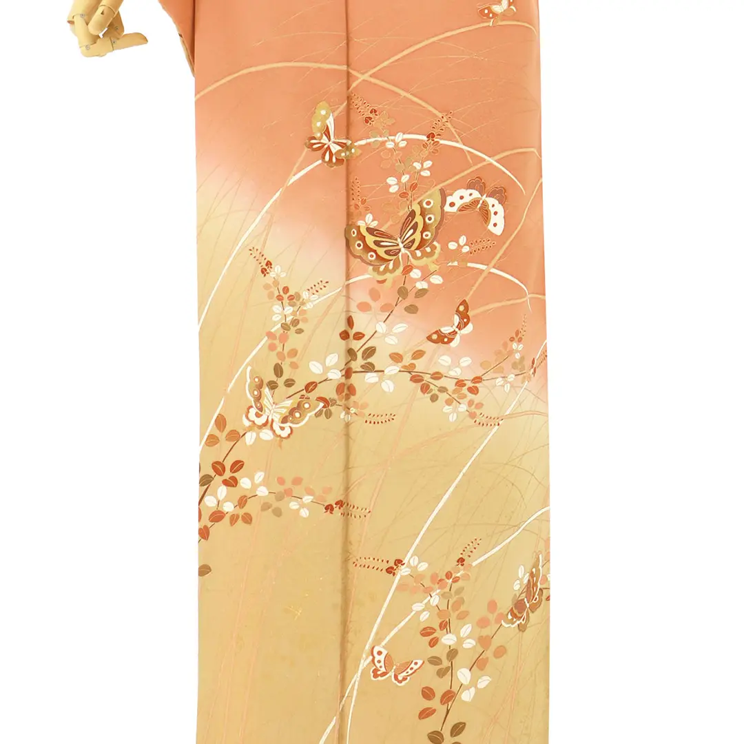 杏色に蝶と萩文の訪問着(袷)／小さめサイズ | 宅配着物レンタルの京都