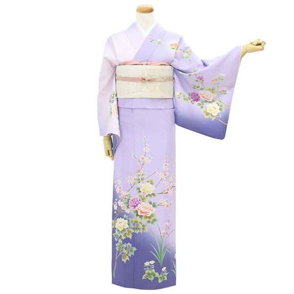 薄紫地に牡丹と梅の訪問着(袷)（ポリエステル） | 宅配着物