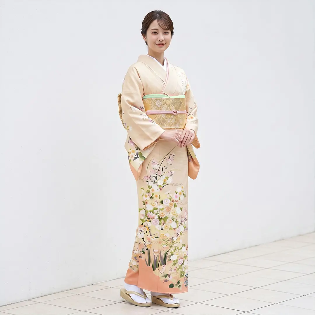 【結婚式のお呼ばれに】鳥の子（とりのこ）色地に杜若（かきつばた）と四季花の訪問着(袷)／着用イメージ