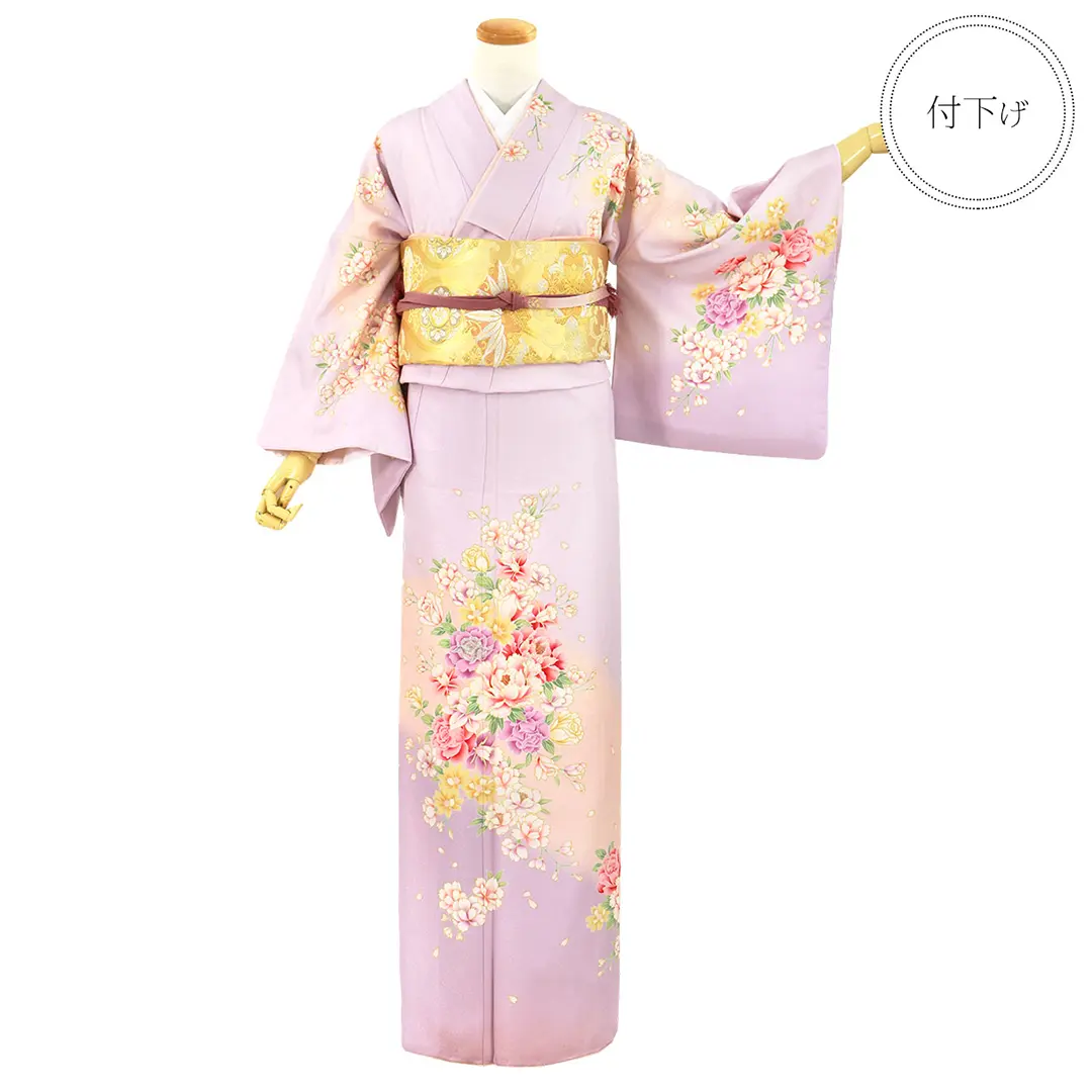 撫子(なでしこ)色地に牡丹尽くしの付下訪問着（袷）（ポリエステル）