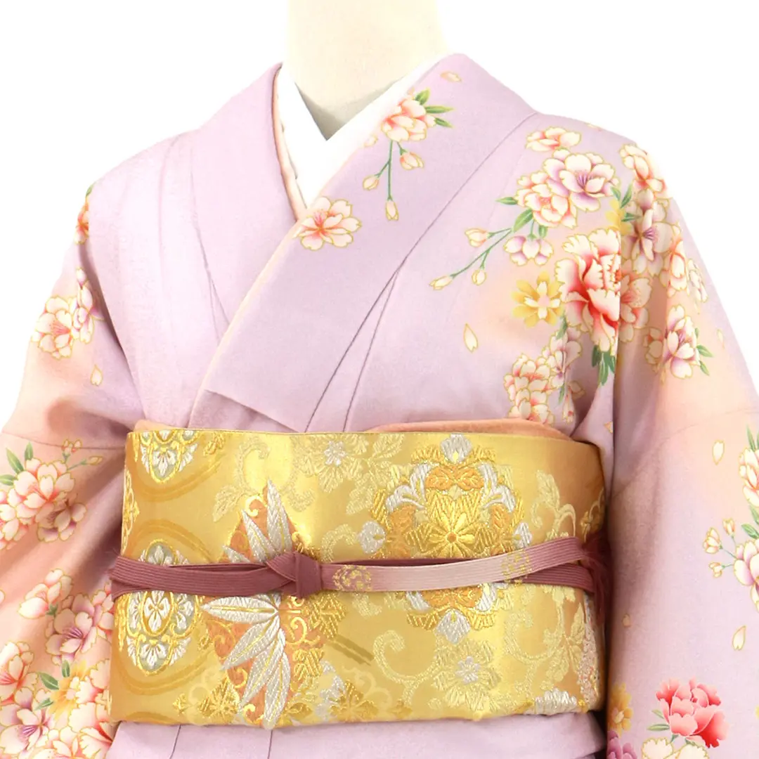 撫子(なでしこ)色地に牡丹尽くしの付下訪問着（袷）（ポリエステル）