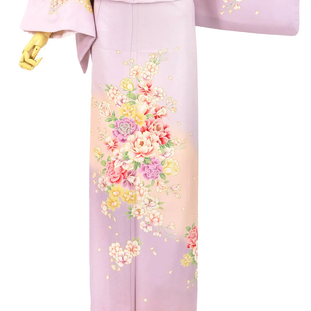撫子(なでしこ)色地に牡丹尽くしの付下訪問着（袷）（ポリエステル）