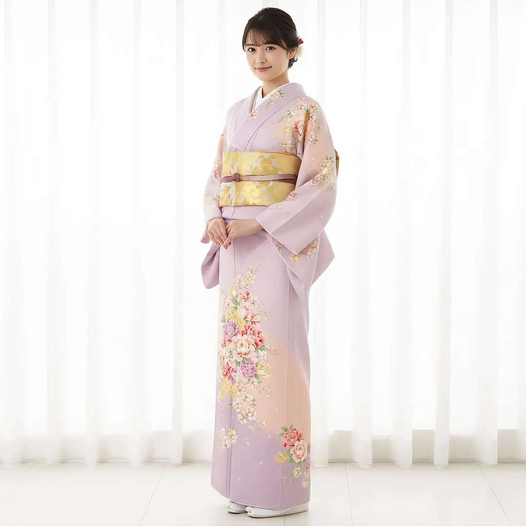 撫子(なでしこ)色地に牡丹尽くしの付下訪問着（袷）（ポリエステル）／着用イメージ