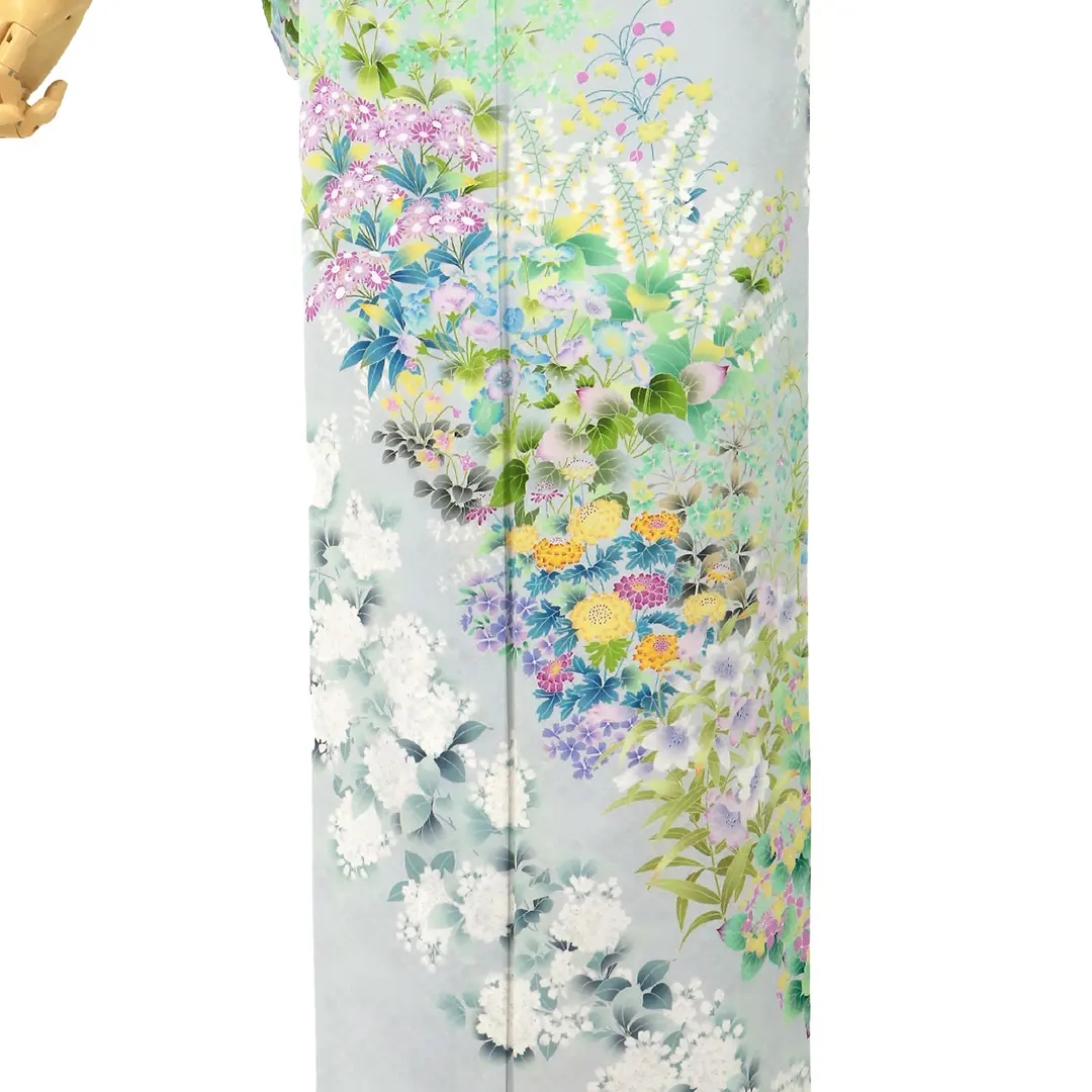 訪問着 袷 紫色ｘ白色ｘ緑色 タタキ染め ぼかし染め 多色銀彩 桜紋様 広衿 一つ紋 揚羽蝶紋 正絹 仕立て上がり着物 身丈157cm【中古】 訪問着 袷 紫 桜色 絵羽文様 絵羽柄 辻が花 辻ヶ花 沙羅双樹 夏椿 藤