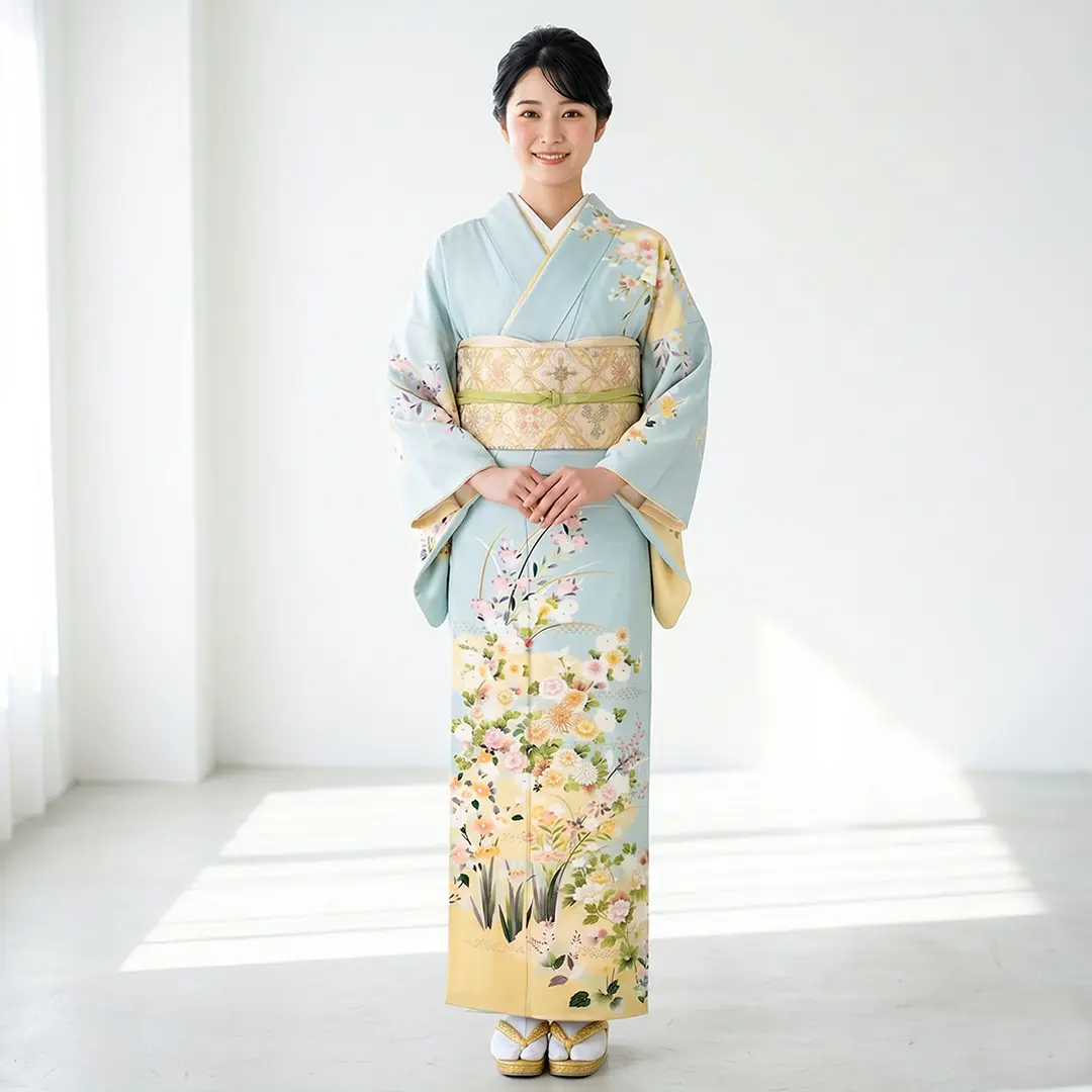 訪問着　フルセット　着物　縮緬　四季草花　正絹　R6 水色地に四季草花文様と雲取りの訪問着(袷) | 宅配着物レンタルの京都