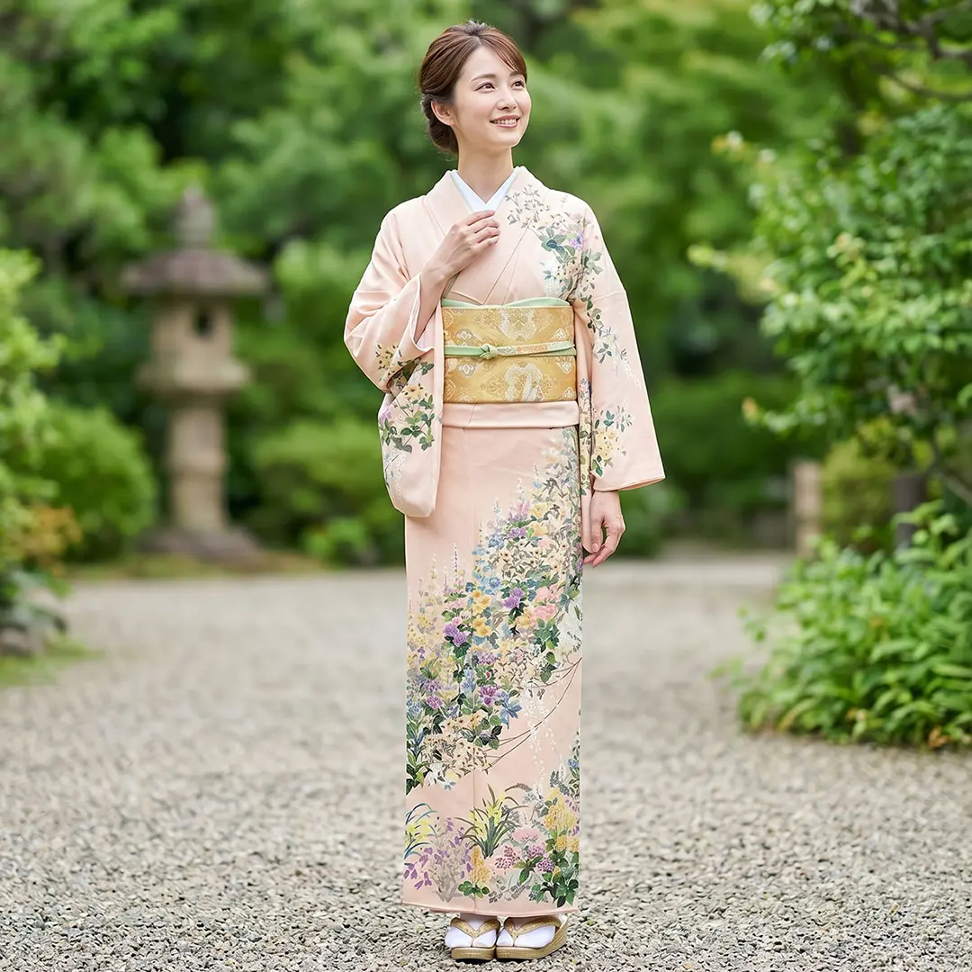 白梅（しらうめ）色地に四季草花の訪問着(袷) | 宅配着物レンタルの