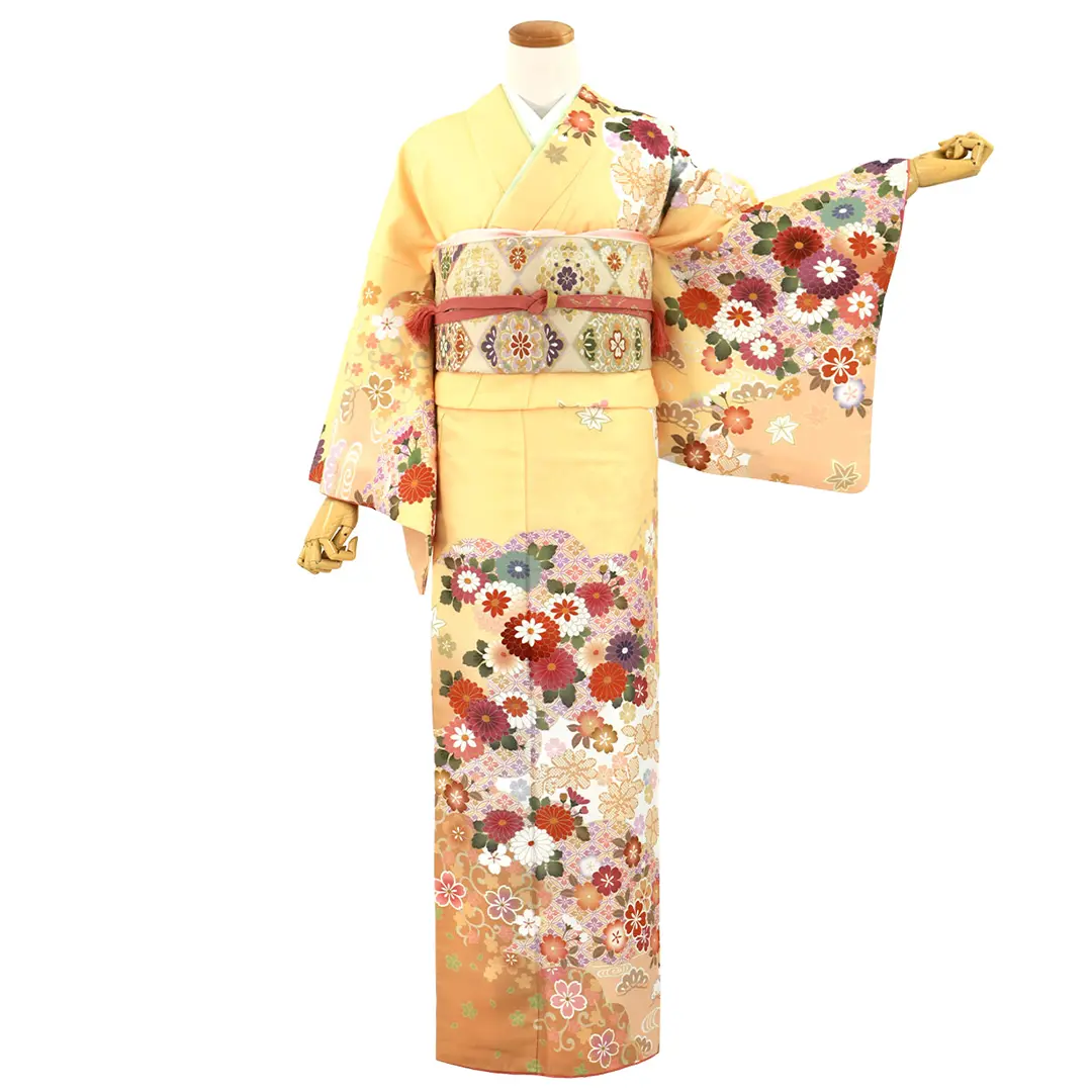 クリーム色地に菊と桜の訪問着（袷）（ポリエステル） | 宅配着物