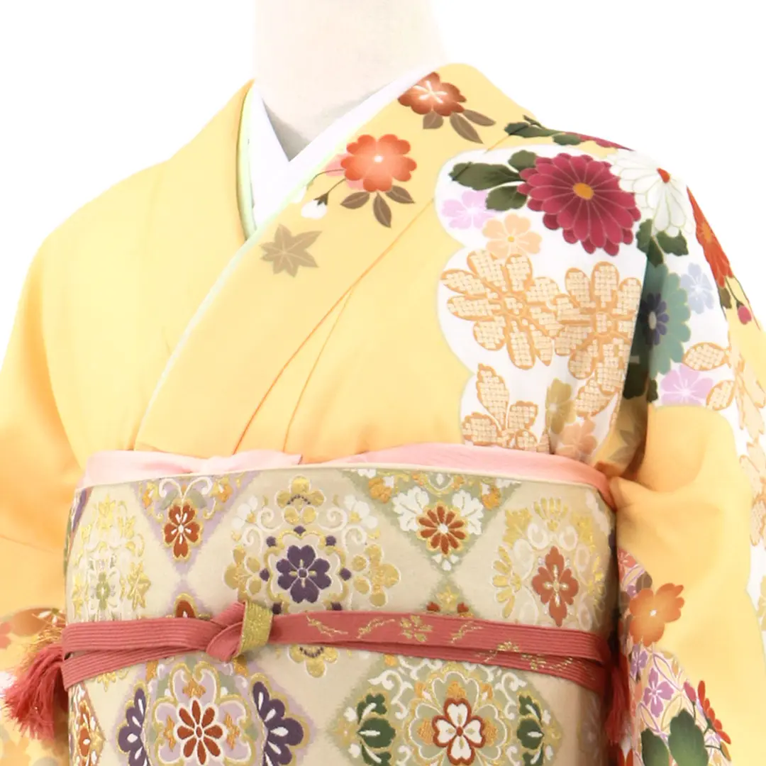 クリーム色地に菊と桜の訪問着（袷）（ポリエステル） | 宅配着物