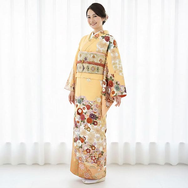 クリーム色地に菊と桜の訪問着（袷）（ポリエステル） | 宅配着物