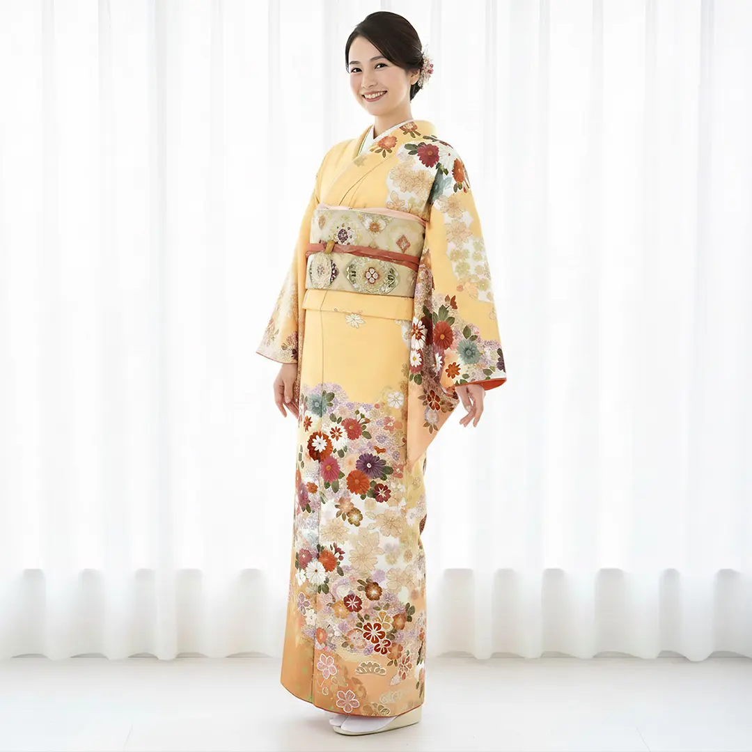 クリーム色地に菊と桜の訪問着（袷）（ポリエステル） | 宅配着物