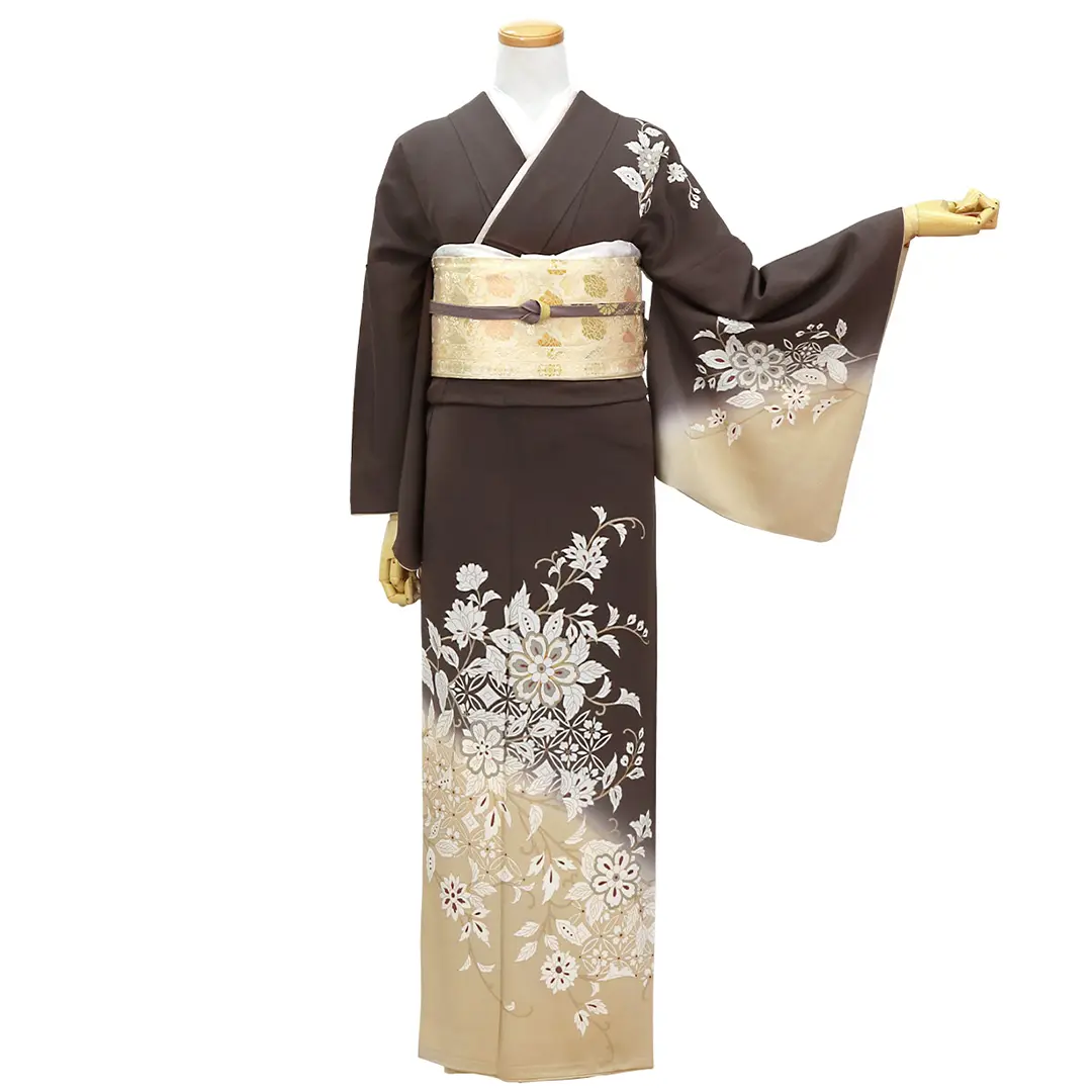 特選華文紋意匠地御召訪問着【七宝文様◆柄部分は紋紗】こげ茶色 ブラウン 特選華文紋意匠地御召訪問着【七宝文様◇柄部分は紋紗】こげ茶色